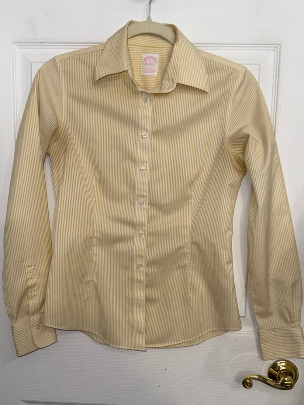 Brooks Brothers Tailored Fit Non Iron Stretch Yellow & White Striped Button Up 2